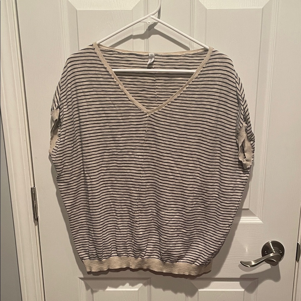 Wishlist Striped V-Neck Short Sleeve Top - Cream and Black